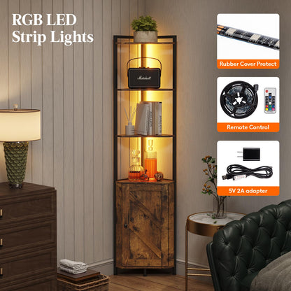 Lifewit 5-Tier LED Corner Shelf - 68" Rustic Brown Storage Cabinet with Doors for Small Spaces - WoodArtSupply