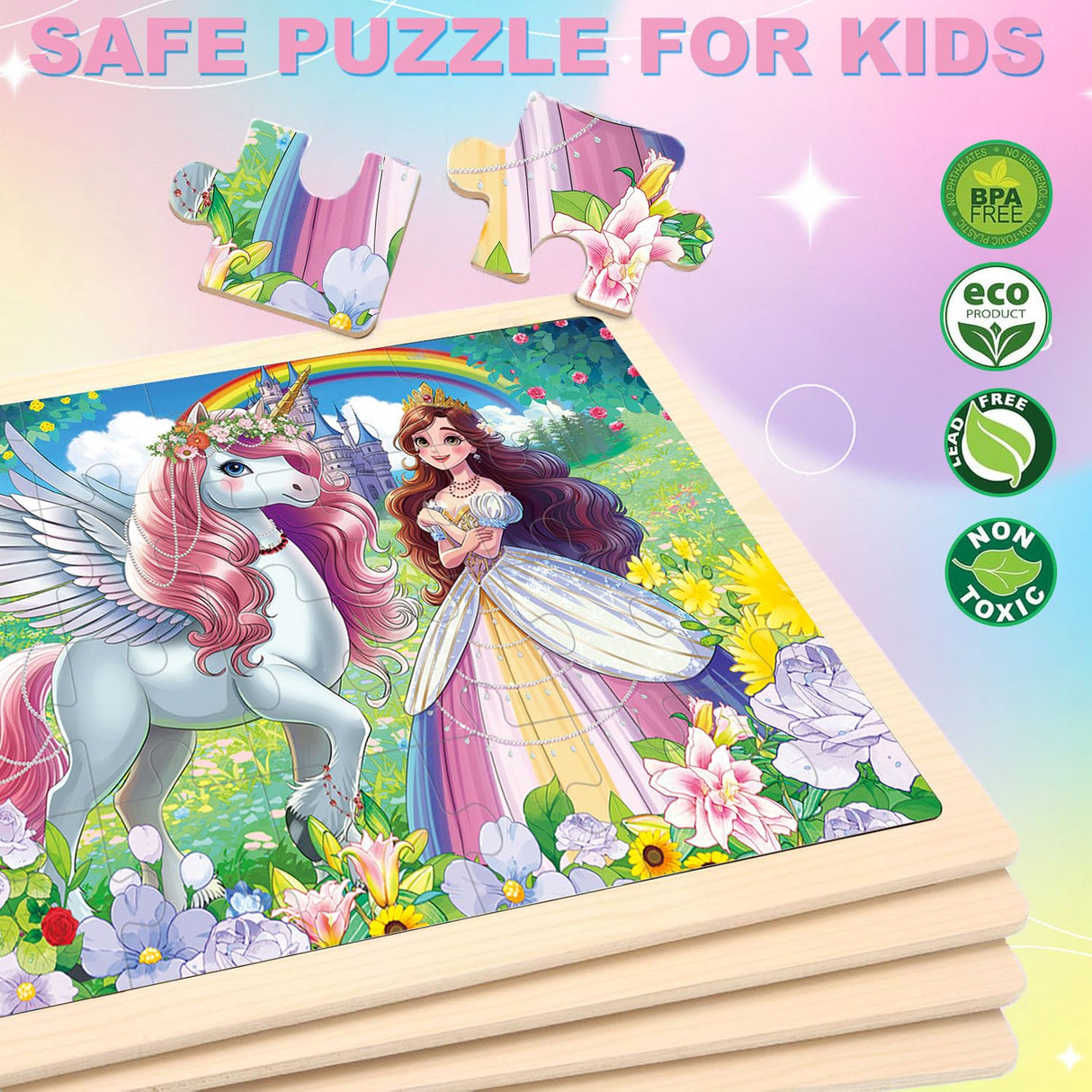 Wooden Puzzles for Kids Ages 4-6, Large 24 PCs Unicorn Mermaid Princess, Jigsaw Puzzles for Kids Ages 3-5, Preschool Educational Learning Toy for Boys and Girls VJZVKJ