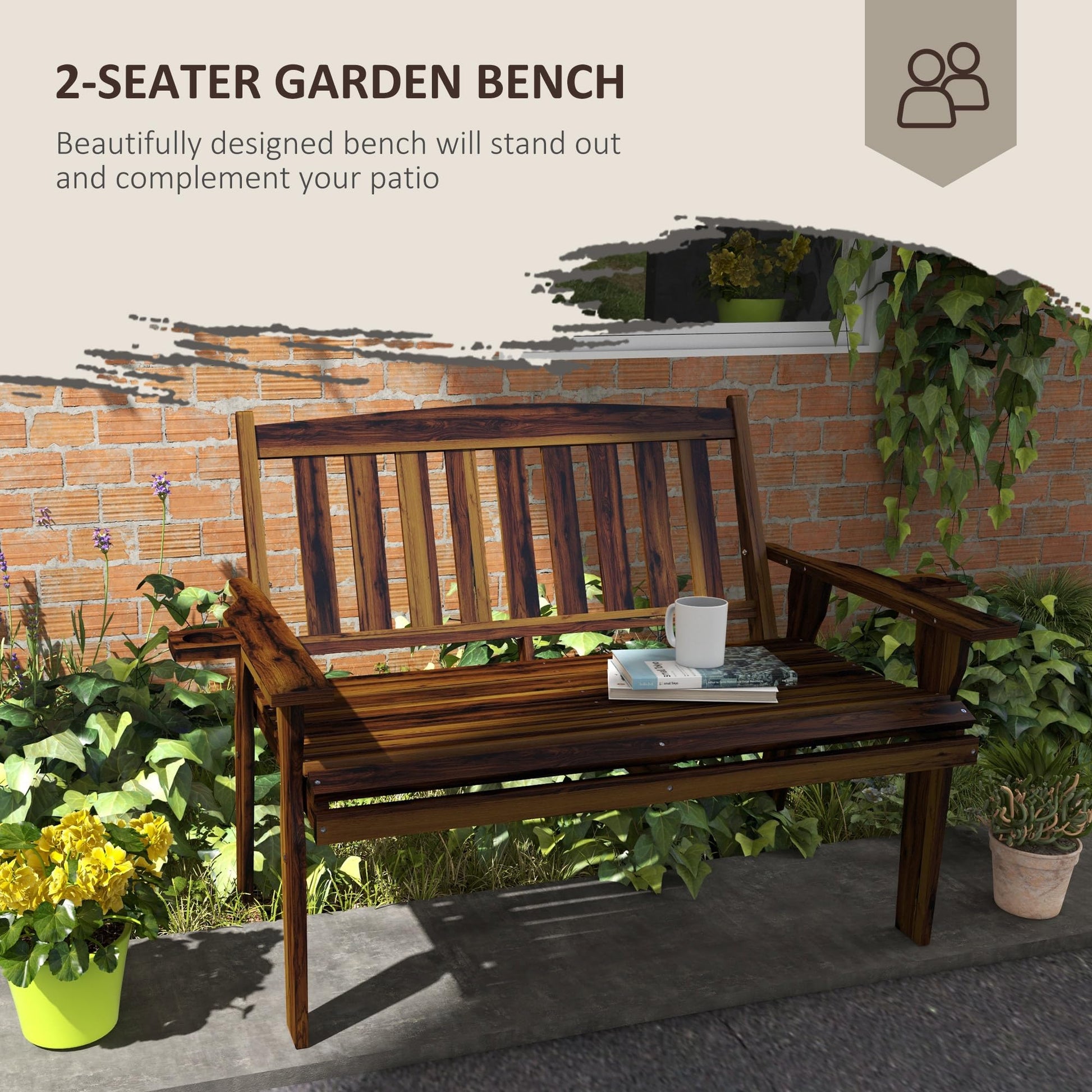 Outsunny Carbonized Wood 2-Person Garden Bench with Cupholder Armrests - WoodArtSupply