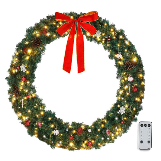 VINGLI 48 Inch Pre-lit Artificial Christmas Wreath, Ourdoor Christmas Wreath Decorations with 150 LED Lights and 450 PVC Branch Tips for Garage, Xmas Door Wreath w/Bow, Pine Cones, Ornaments, Plug-in