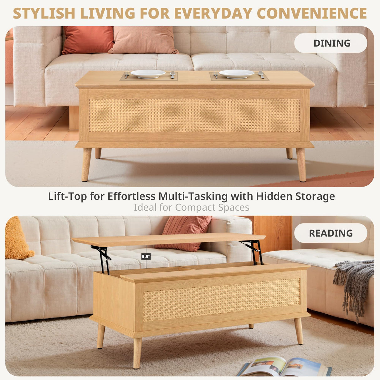 INK+IVY Coffee Table for Living Room Lift-Top Design with Storage, with Rattan Accent, Mid-Century Modern Décor Compact Furniture for Apartment, Home Office, 42" W, Natural INK+IVY