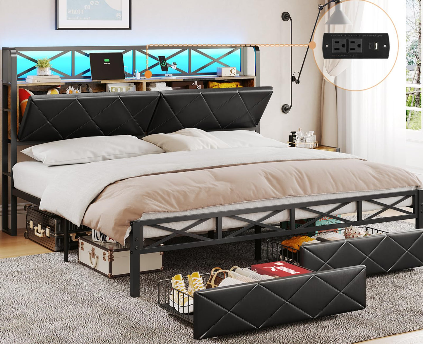 DICTAC King Size Bed Frame with Storage Headboard, LED Lights, and 2 Drawers – No Box Spring Needed, Black - WoodArtSupply