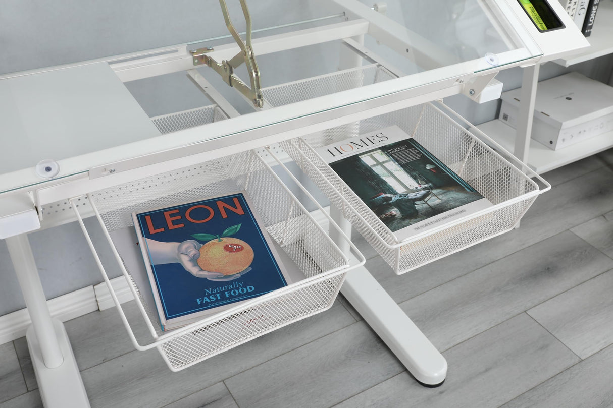 Dyncan Hand Crank Height Adjustable Drafting Table Adjustable Large Desktop- Modern Tempered Glass Artist Drawing Table 0-75° Tiltable Tabletop Artist with Chair and 2 Metal Drawers Dyncan