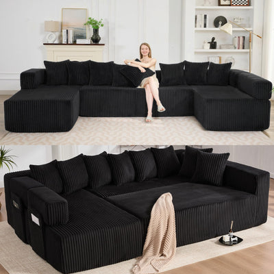 Oversized Cloud Boneless Couch with Chaise, Modern Modular Sofa with Deep Seat, Various Combinations Upholstered Couches with Storage, No Assembly Required-Black