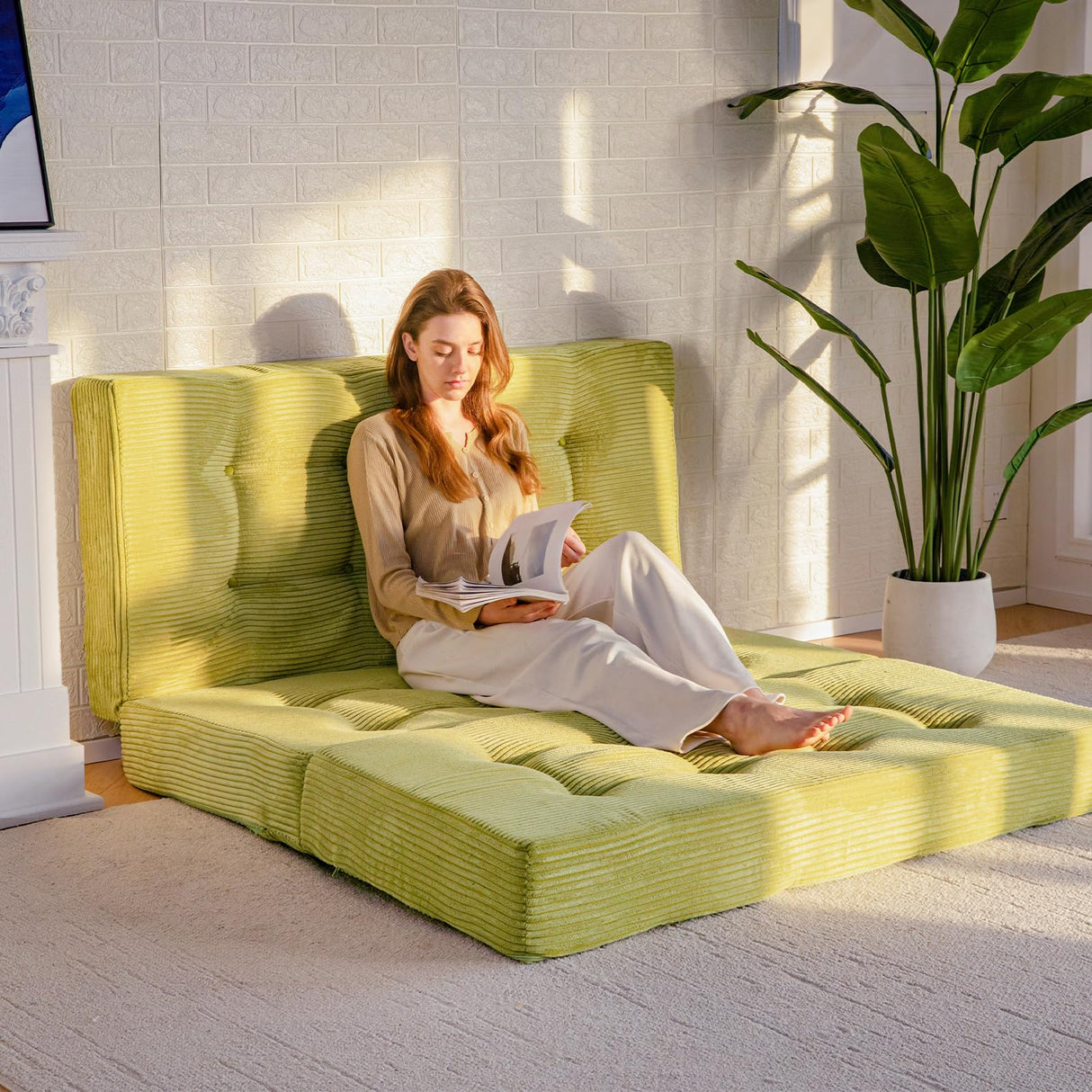 MAXYOYO Tri-Fold Mattress, 6 Inch Tufted Folding Mattress Full Foam Bed, Foldable Floor Couch Guest Bed Topper Portable Camping Sleeper with Corded Fabric, Green, 53"x75" MAXYOYO