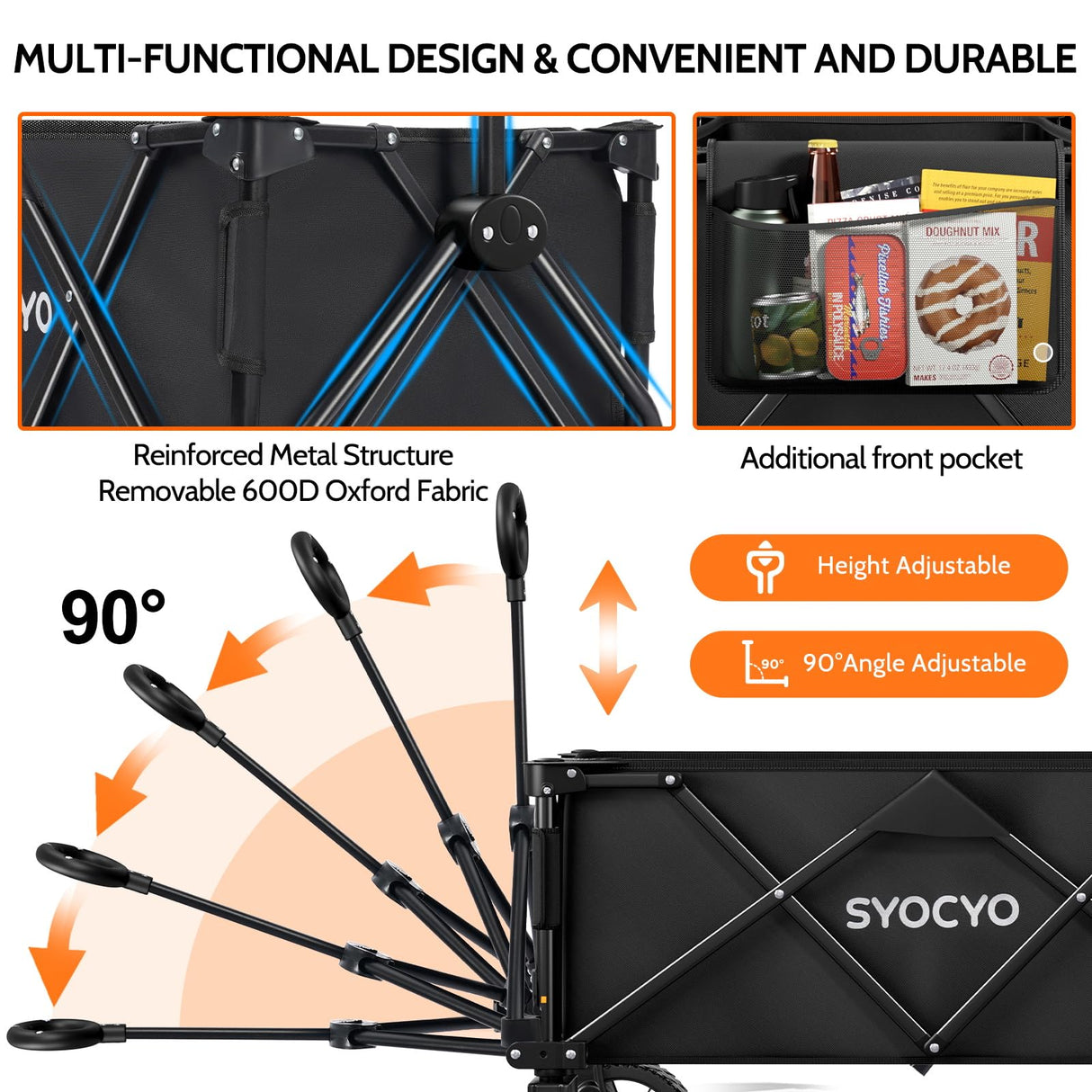 Collapsible Foldable Wagon Cart, Heavy Duty Folding Wagon with 330lbs Weight Capacity, Beach Wagon with All-Terrain Wheels Utility Garden Cart for Camping, Sports, Beach and Shopping, Black SYOCYO