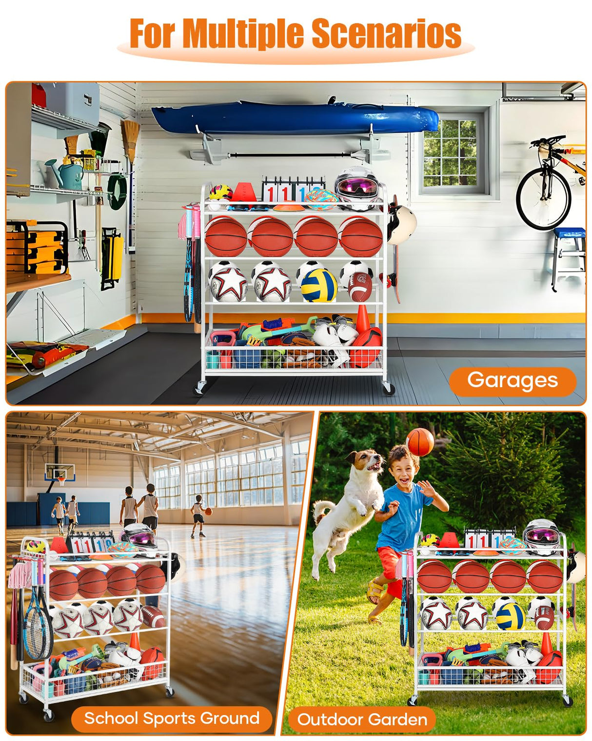 EXTCCT Garage Sports Equipment Organizer - Rolling Ball Storage Bin with Wheels, Garage Sports Gear Rack Outdoor Basketball Racks for Balls with Baseball Bat Holder and Hooks, Toy Organizer(White) EXTCCT