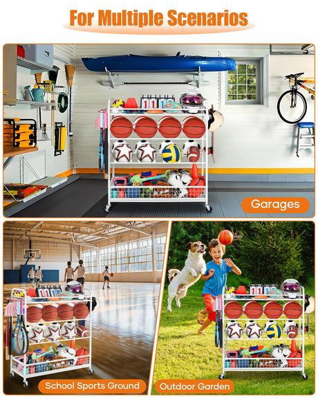 EXTCCT Garage Sports Equipment Organizer - Rolling Ball Storage Bin with Wheels, Garage Sports Gear Rack Outdoor Basketball Racks for Balls with Baseball Bat Holder and Hooks, Toy Organizer(White) EXTCCT