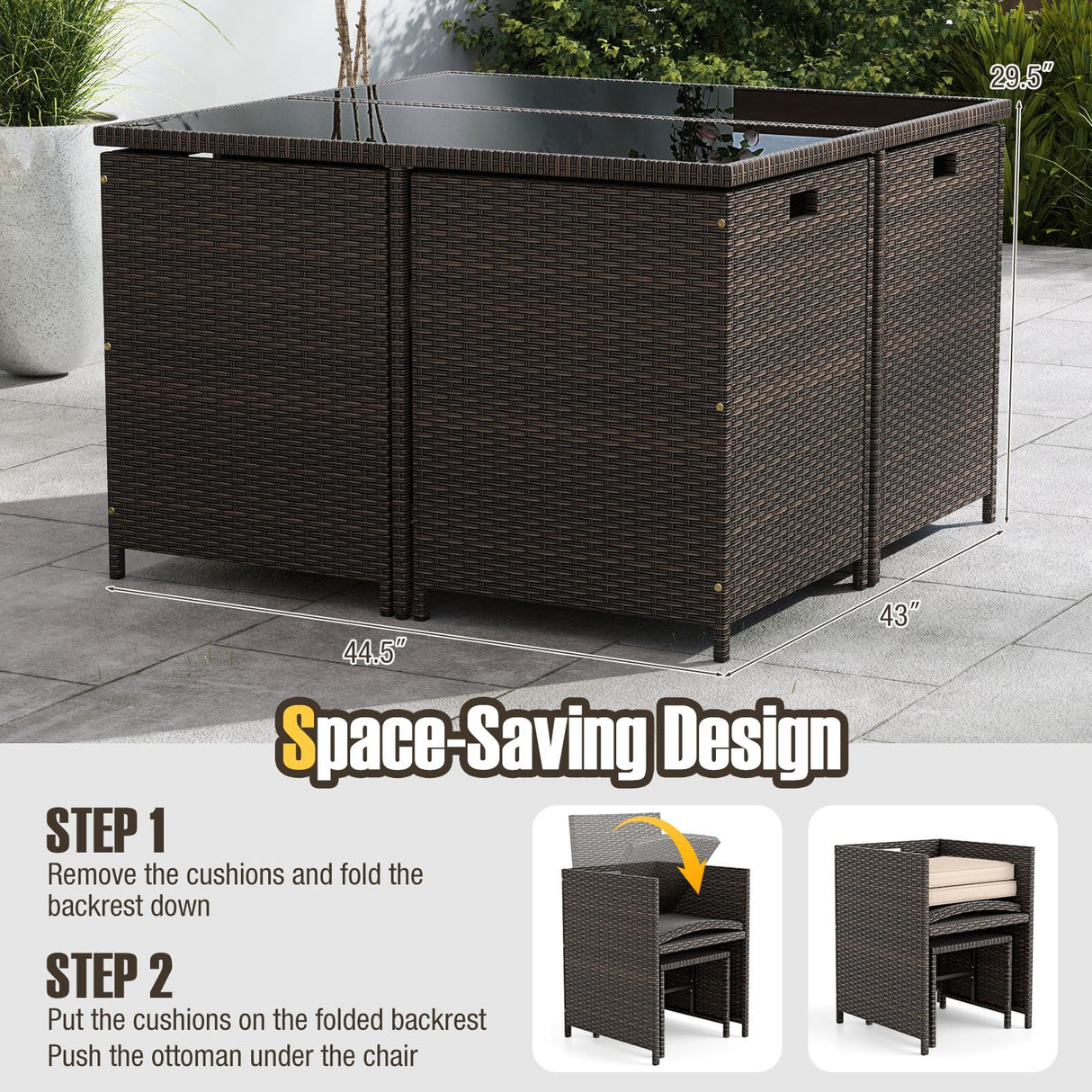 Tangkula 9 Piece Patio Dining Set, Rattan Chairs with Tempered Glass Table & Ottoman, Space Saving Wicker Sectional Conversation Set with Removable Cushions, Outdoor Furniture for Backyard Garden Deck Tangkula