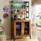 Aheaplus Bar Cabinet with Power Outlets, 67" Tall Wine Bar Cabinet Liquor Cabinet with LED Lights & Glass Holder, Coffee Bar Station for Living Room, Microwave Stand Bakers Rack Cabinet, Rustic Brown Aheaplus