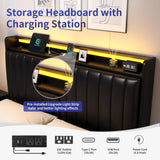 Queen Size Floating Bed Frame with Ergonomic Hidden Storage Headboard and LED Lights, Visual Floating LED Bed Frame with Charing Station, Leather Upholstered Platform Bed, No Box Spring Needed, Black Jocoevol