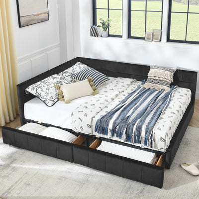 MWrouqfur Velvet Corner Bed Frame Full, Upholstered Corner Daybed with Drawers, Full Size Day Bed Frame with Storage, Classic Tufted Design, Reversible Left Or Right (Black, Queen)