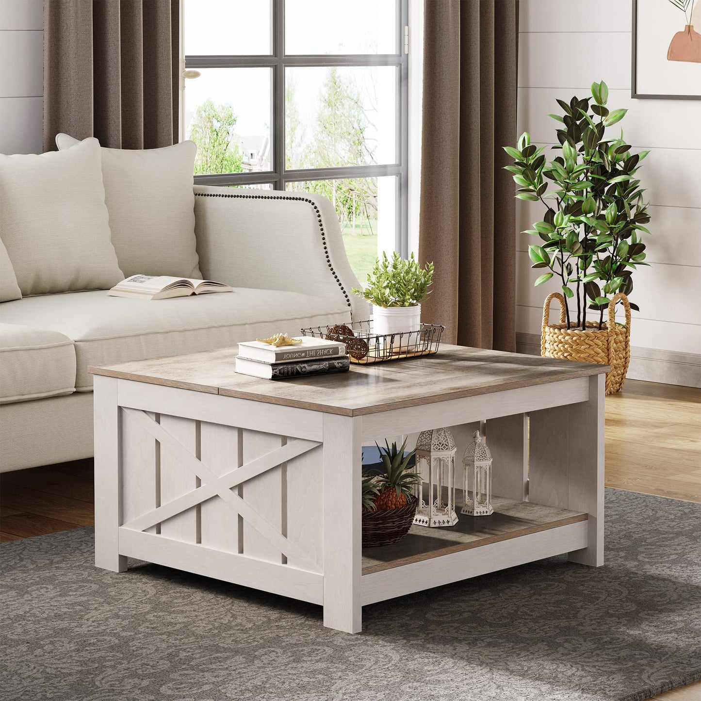YITAHOME Coffee Table Farmhouse Coffee Table with Storage Rustic Wood Cocktail Table,Square Coffee Table for Living Meeting Room with Half Open Storage Compartment,Grey Wash