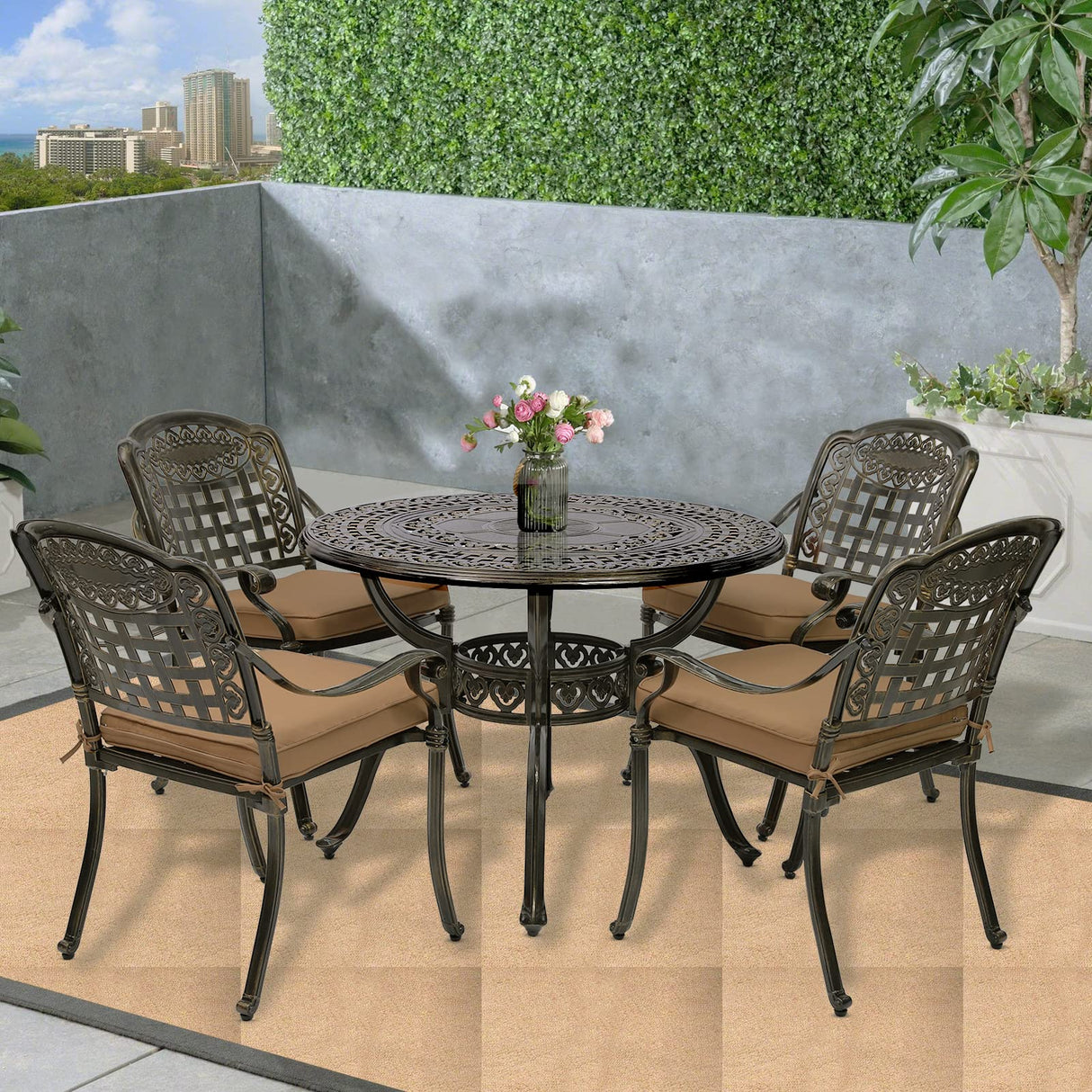 SOCIALCOMFY 5-Piece Outdoor Patio Dining Set, All-Weather Cast Aluminum Furniture Conversation Set, Include 4 Cushioned Chairs and a 38.5” Round Table with Umbrella Hole for Balcony, Lawn, Khaki SOCIALCOMFY