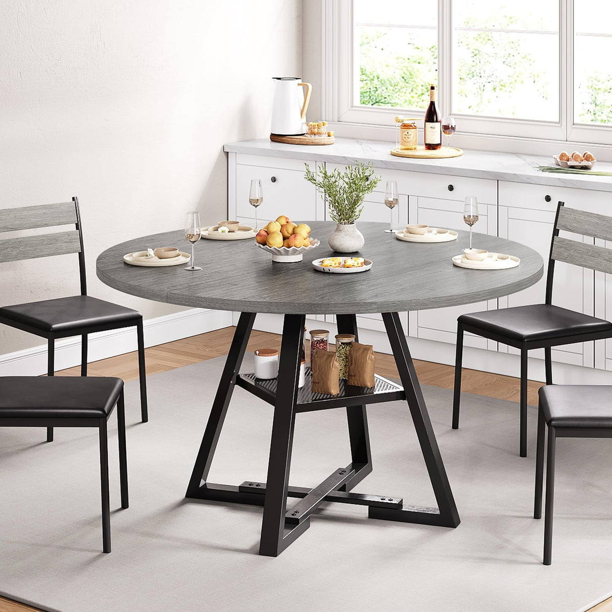 Jocoevol Round Dining Table for 4,Kitchen Dining Room Circle Dinner Pedestal Table,Space Saving Wood Kitchen & Dining Room Furniture, 42In,Grey Jocoevol