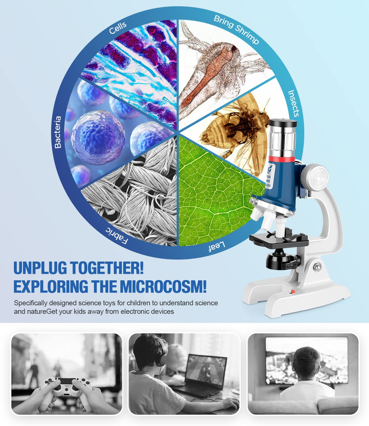 58-Piece Kids Microscope Kit - 100X-1200X Magnification, Metal Body, LED Light, Carrying Box - Science Experiment Toy for Kids Ages 5-12 Uarzt