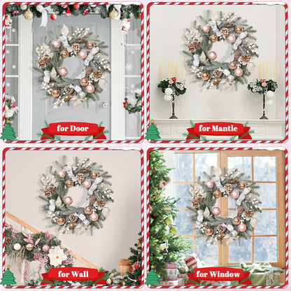 Christmas Decor - 20" Christmas Wreath with Christmas Balls, Christmas Door Wreath with Bow Ribbon Berries Pine Cones Leaves Christmas Wreaths for Front Door Home Outdoor Xmas Decor