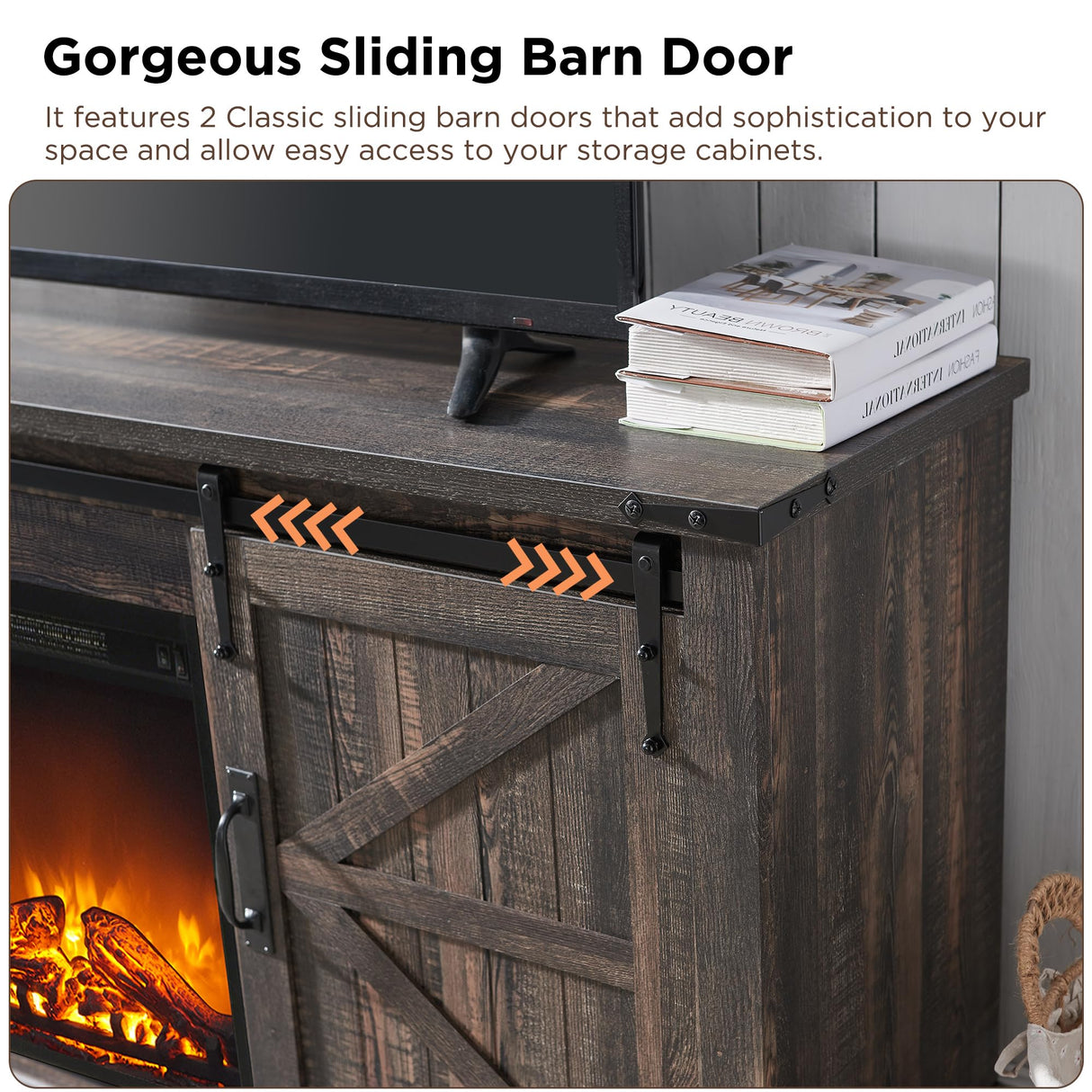 OKD Farmhouse Electric TV Stand for 65+ Inch TV, Rustic Entertainment Center with 18" Fireplace, Sliding Barn Door, Storage Shelves, Wood Media Console Cabinet for Living Room, Dark Rustic Oak OKD