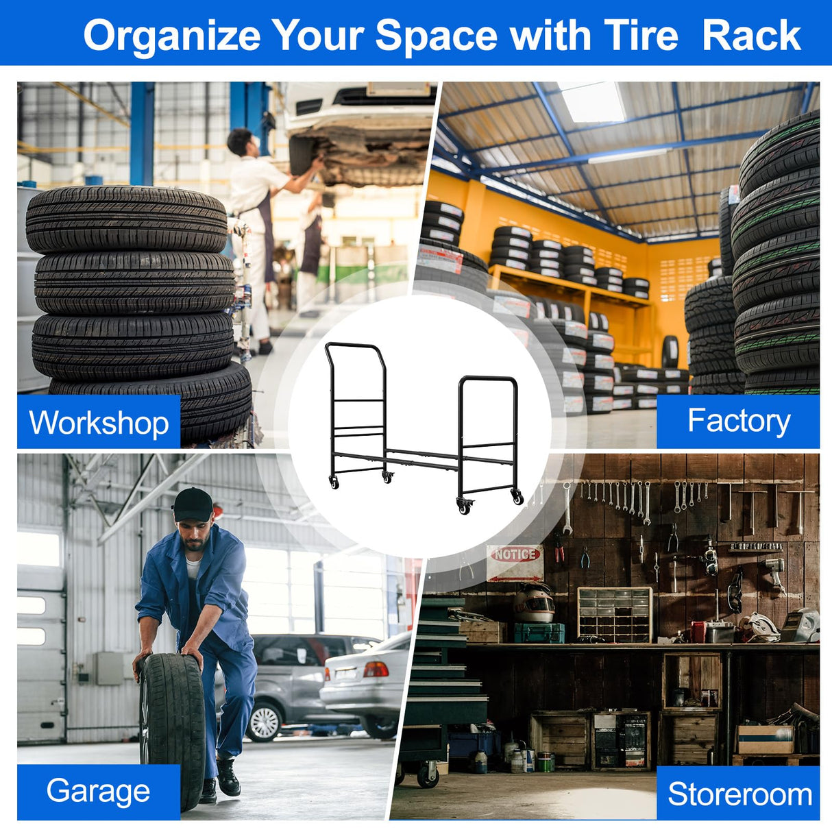Rolling Tire Rack Adjustable,Metal Tire Storage and Transport Trailer,Heavy Duty Tire Holder,Mobile Tire Storage Shelf Cart with 4 Wheel,Garage/Workshops/Repair Shop Tire Stand Spare Tire Carrier Shinoske