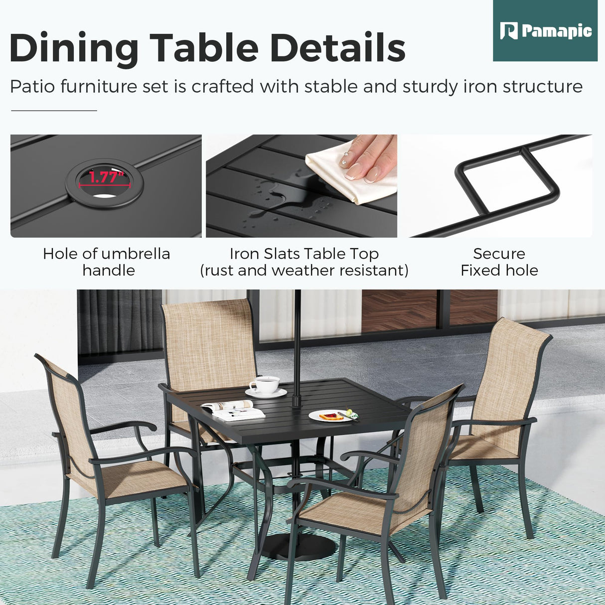 Pamapic 5 Pieces Patio Dining Set, Outdoor Dining Set for Garden Backyard Poolside Deck,Outdoor Table and Chairs Set with 4 Textilene Chairs,Beige Pamapic