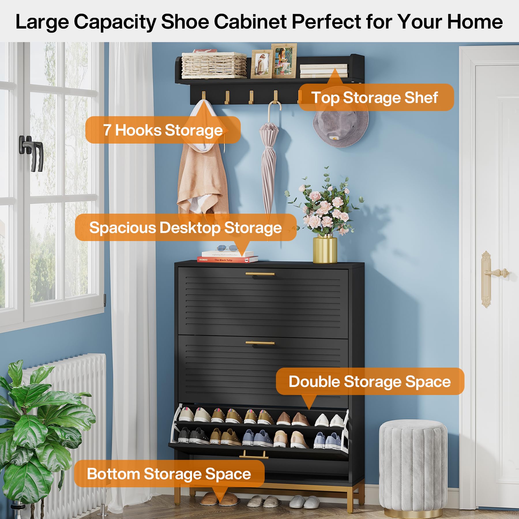 Tribesigns Modern Shoe Storage Cabinet with Wall Mount Coat Rack, Entryway Shoe Organizer Cabinet with 3 Flip Drawers, Narrow Shoe Cabinet for Hallway Living Room (Black/Gold) - WoodArtSupply