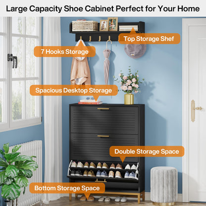 Tribesigns Modern Shoe Storage Cabinet with Wall Mount Coat Rack, Entryway Shoe Organizer Cabinet with 3 Flip Drawers, Narrow Shoe Cabinet for Hallway Living Room (Black/Gold) - WoodArtSupply