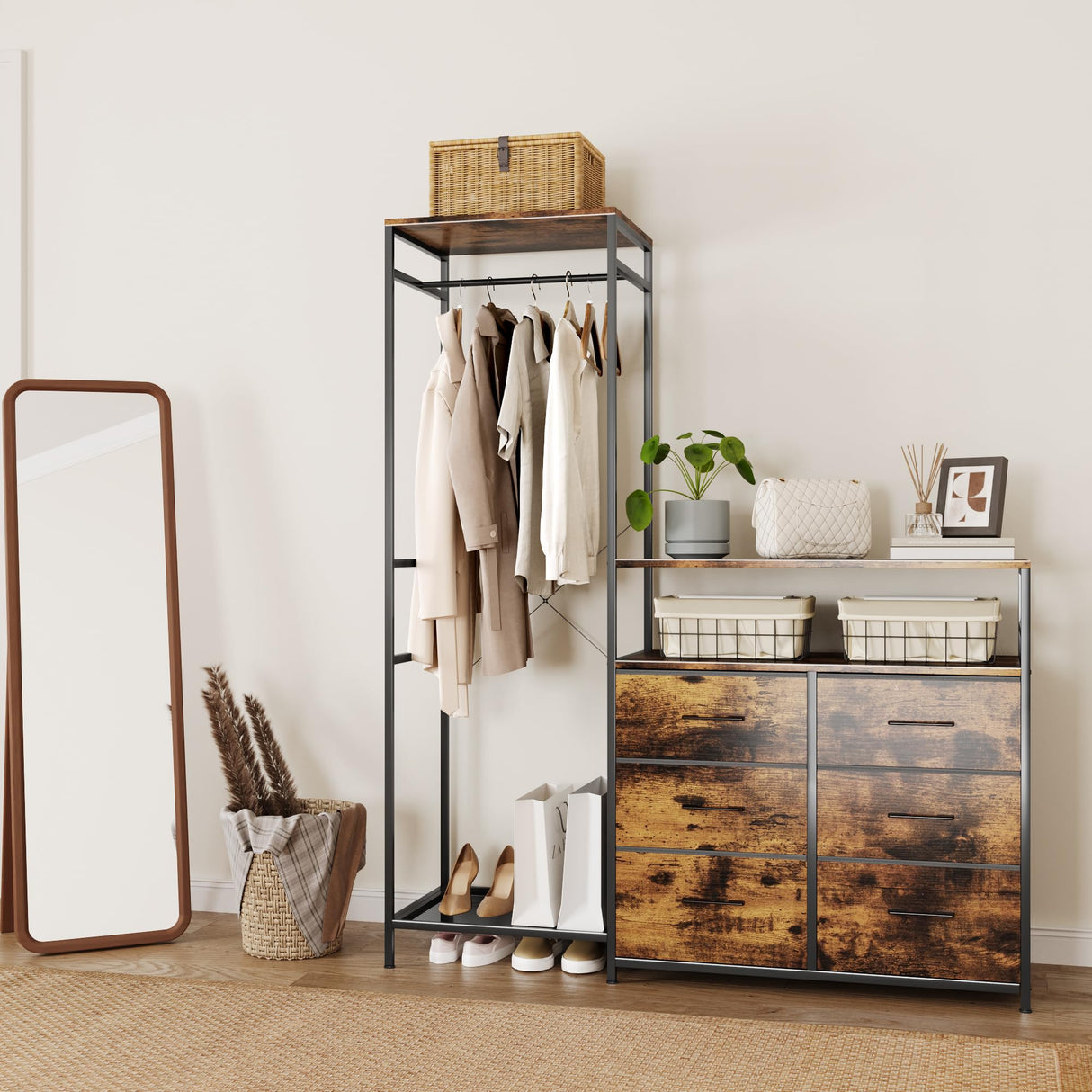 Famovoneer Heavy Duty Garment Rack with Fabric Drawers and LED Light, Freestanding Portable Closet Wardrobe Systems with Shelves for Bedroom, Entryway, Apartment Famovoneer