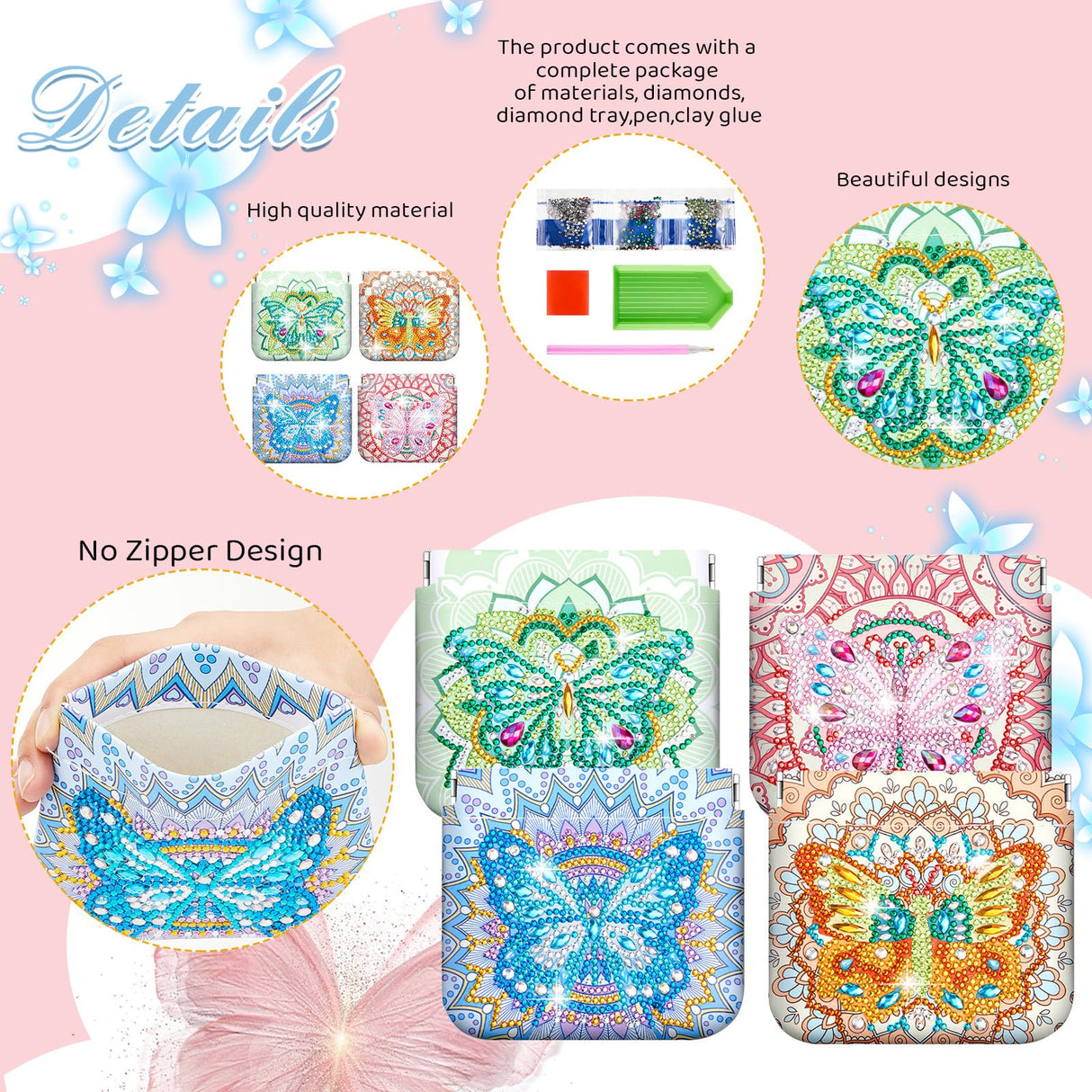 Hsei 4 Pcs Diamond Painting Coin Purse Pouch Leather DIY Rhinestone Paint Handmade Clutch Change Holder Change Purse Diamond Painting Bags for Adults Women Craft Makeup (Mandala, Butterfly) Hsei