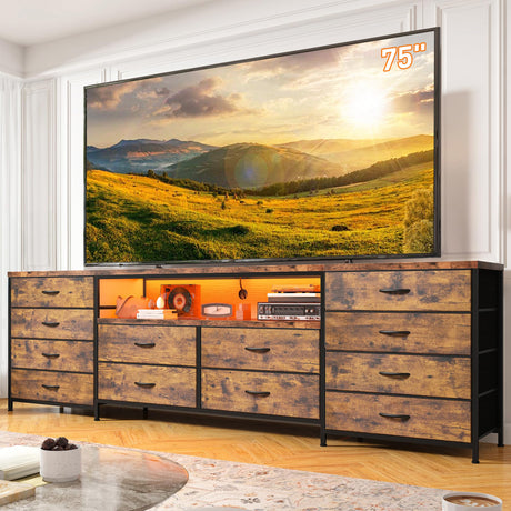 EnHomee 12 Drawer Dresser TV Stand for 65 70 75 Inch TV 63" W Extra Long Dresser for Bedroom with LED Lights & Power Outlets Entertainment Center with Fabric Drawers for Closet Rustic Brown EnHomee