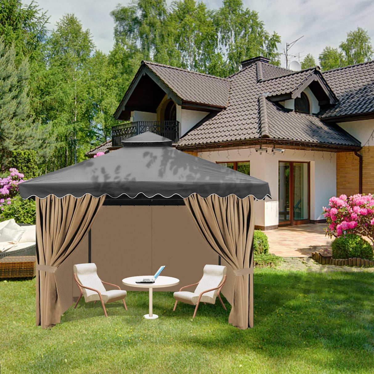 Gazebo Universal Replacement Privacy Curtain, 10'X12' Gazebo Curtains Outdoor Waterproof, 4-Panels Sidewall Curtains with Zipper for Patio, Garden and Backyard (Only Curtains, 10'X12', Brown) Tngan