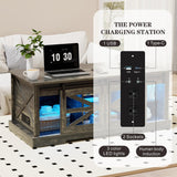 Lift Top Coffee Table with Gun Cabinet, 2 Sliding Barn Doors-Large Storage and 3 Color LED Lights fit Modern Rectangular Rustic Living Room Center Table（Dark Oak） HWB