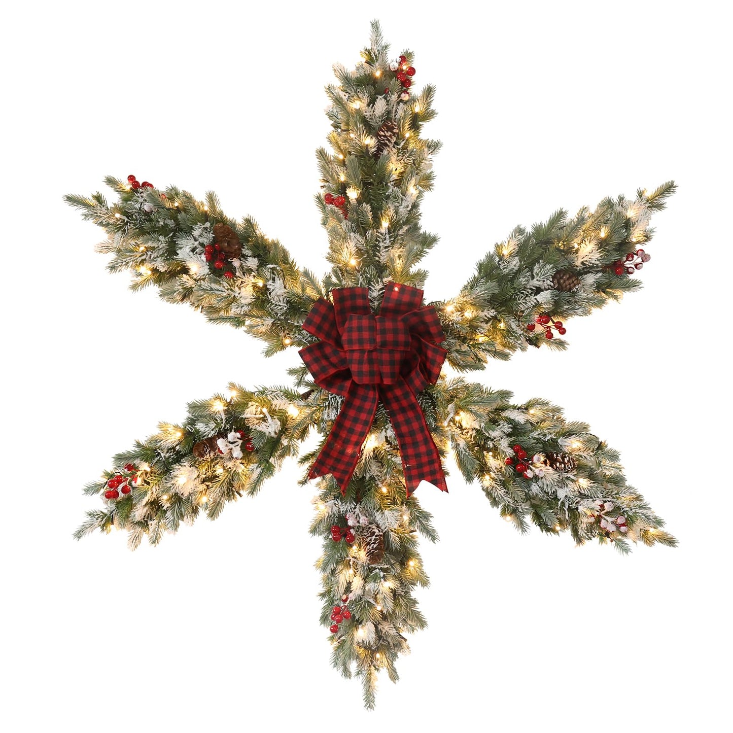 hogardeck Snowy Christmas Star Wreath, 48 Inch Artificial Large Christmas Wreath with Berry Pine Cones Bow-tie 120 Lights, Pre-lit Snowflake Wreath for Xmas Home Wall Front Door Indoor Outdoor, 4 FT﻿