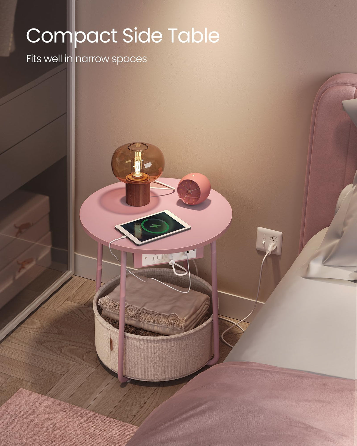 VASAGLE Side Table with Charging Station, Round End Table With Fabric Basket, Nightstand with Power Outlets USB Ports, for Living Room, Bedroom, Modern, Jelly Pink and Cream White ULET228R01 VASAGLE