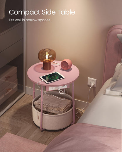 VASAGLE Side Table with Charging Station, Round End Table With Fabric Basket, Nightstand with Power Outlets USB Ports, for Living Room, Bedroom, Modern, Jelly Pink and Cream White ULET228R01