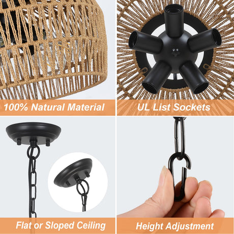 HMVPL Large Farmhouse Chandeliers for Dining Room, 5-Light Rattan Boho Chandelier Light Fixture with Wicker Lampshade, Coastal Hanging Pendant Lighting for Kitchen Island Bedroom Living Room Nursery HMVPL