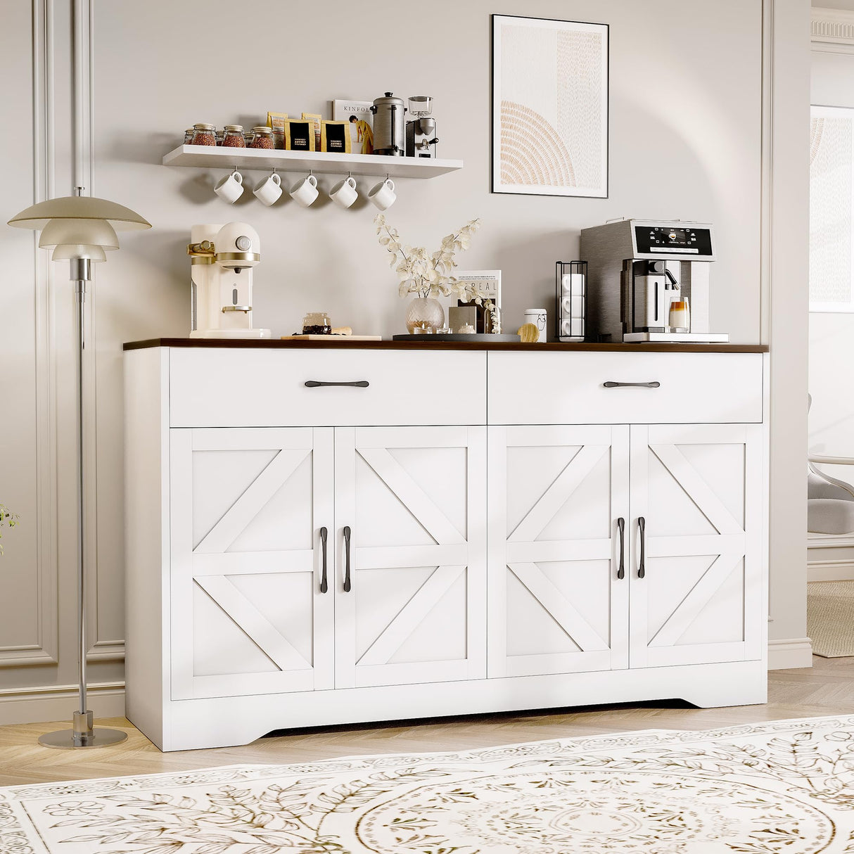 55" Sideboard Buffet Cabinet with Storage, Large Kitchen Storage Sideboard with Drawers & Doors, Modern Wood Farmhouse Coffee Bar Cabinet, Buffet Table for Kitchen, Dining Room, Living Room, White GRUSIGN