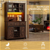 LUXOAK 72" Coffee Bar Wine Cabinet with Sliding Barn Door & LED Lights, Sideboard Buffet Cabinet with Wine Bottle Rack, 3 Drawers, Storage Cabinet for Kitchen, Dining Room, Brown LUXOAK