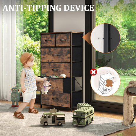 VredHom Fabric Dresser for Bedroom, Tall Skinny Dresser with 6 Drawers, Storage Organizer Tower, Steel Frame Wooden Top for Closet, Living Room, Hallway(Rustic Brown) VredHom