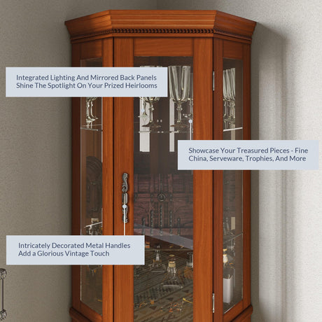 BELLEZE Lighted 3-Side Glass Display Curio Cabinet w/Tempered Glass Doors and Shelves, Accent Wooden Corner Cabinet with Bulb, Corner Storage Decoration Rack for Living Room & Bedroom - Corona (Oak) BELLEZE