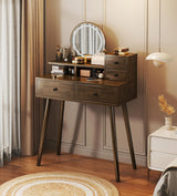 walkclpck Vanity Desk with Mirror and Lights, Makeup Vanity with 4 Drawers Small Vanity with 3 Storage Shelves, Wood Vanity for Bedroom Dressing Room Makeup Studio, Brown walkclpck
