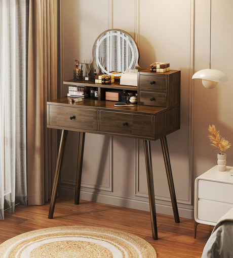 walkclpck Vanity Desk with Mirror and Lights, Makeup Vanity with 4 Drawers Small Vanity with 3 Storage Shelves, Wood Vanity for Bedroom Dressing Room Makeup Studio, Brown walkclpck