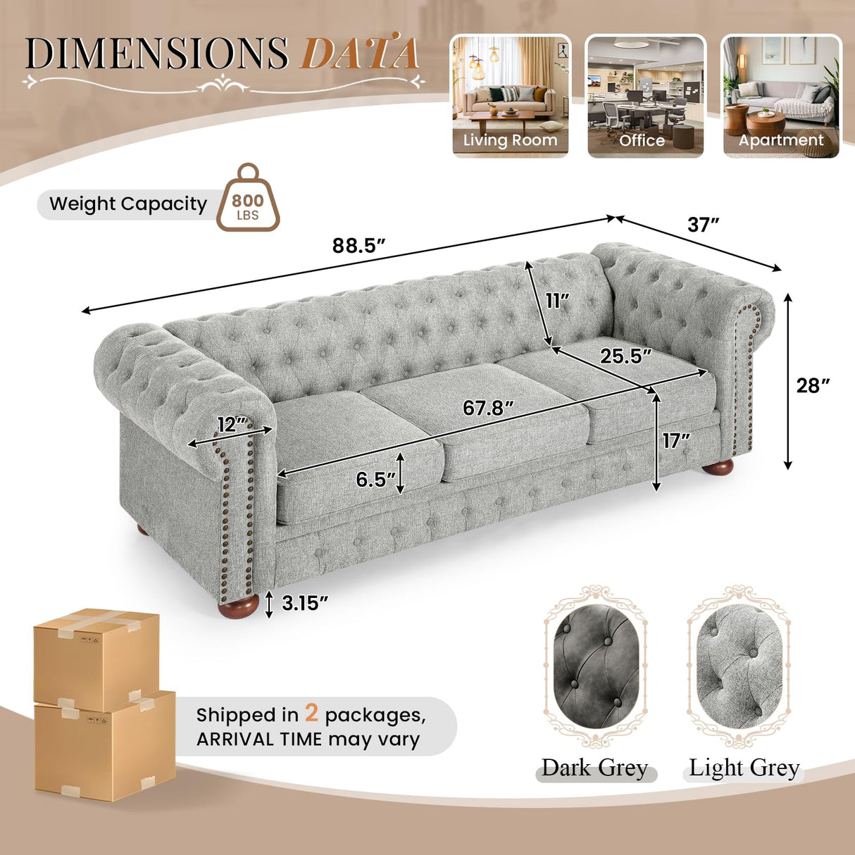 88.5''W Linen Chesterfield Sofa, Mid Century Modern Couch with Button Tufted & Rolled Armrests, Comfy 3-Seater Deep Seat Sofa with Nailhead Trim & Gourd Legs for Living Room, Apartment(Light Grey) JEEOHEY