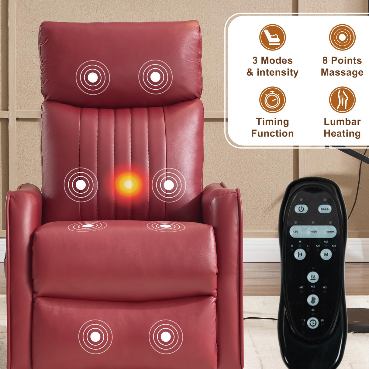 Manual Swivel Rocker Recliner Chair for Adults, Overstuffed Recliner Glider with Massage and Heat, Living Room Reclining Chair, PU Leather Red Luxlen