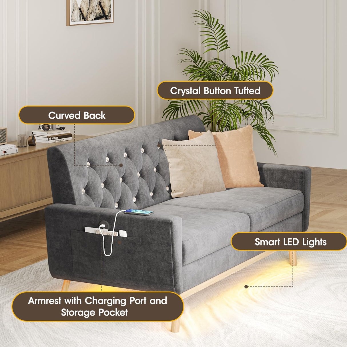 Fameill 65" Loveseat Sofa Couch, Mid Century Modern Love Seat Small Couch with Soft Cushion, LED Light, Crystal Button Tufted, Upholstered Comfy Small Couch for Living Room, Bedroom Fameill