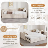 Twin Size Upholstered Extendable Daybed Frame with Trundle, Space-Saving Twin to King Design, Chenille Fabric Sofa Bed with Storage Drawers for Living Room Guest Room, Beige Merax