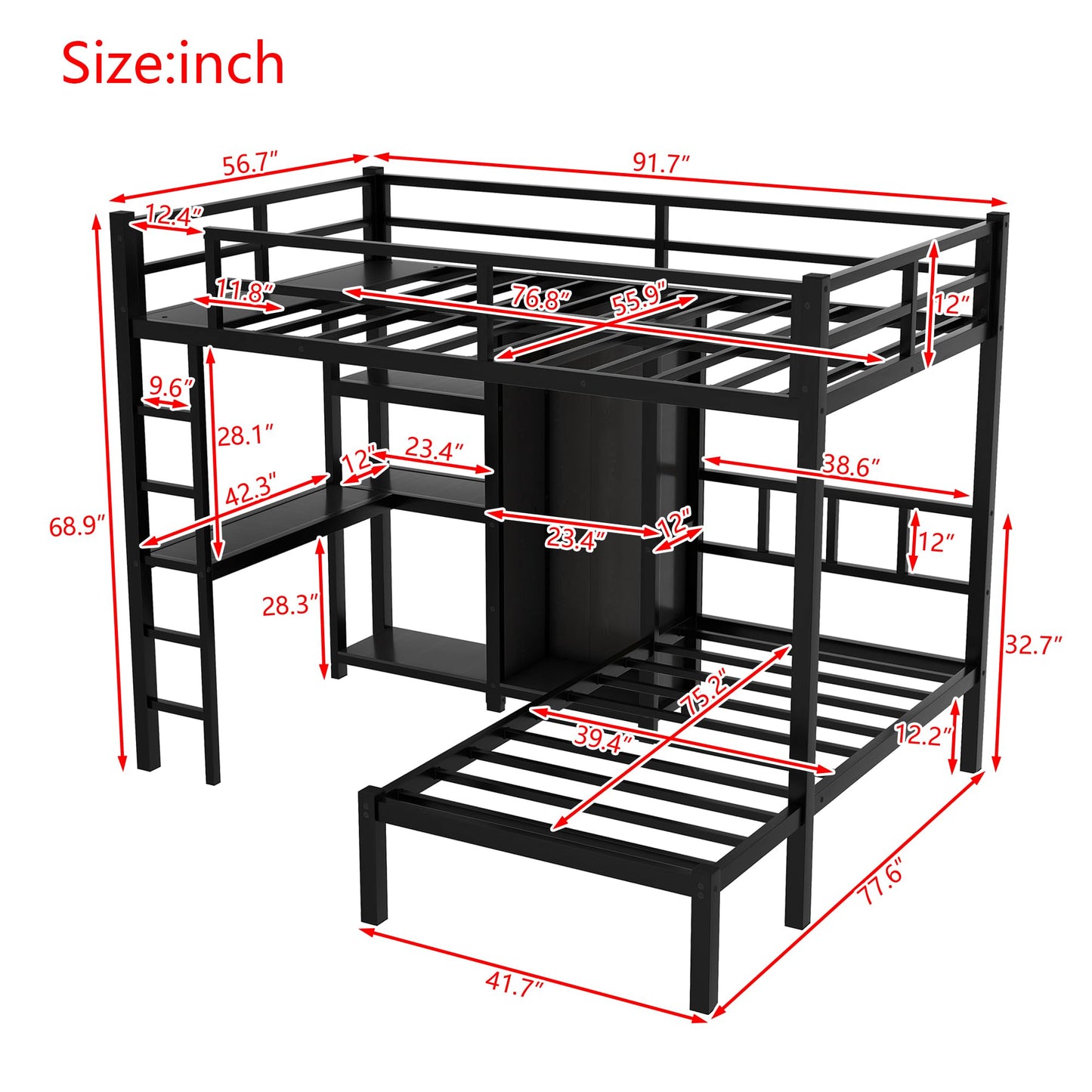 Metal Full XL Over Twin Bunk Bed, Multi-Functional Bunk Bed with Desk,Bookshelf,Storage Shelves and Wardrobe for Kids Teens Adults