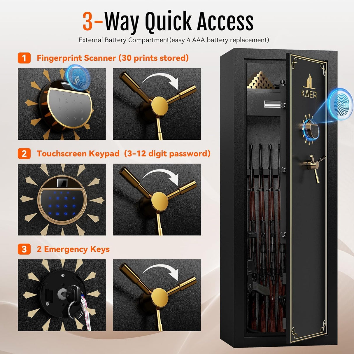 KAER 25 Biometric Gun Safe for Rifles and Pistols, Large Gun Cabinet for Home Rifle, Quick Access Gun Safe with Fingerprint, Rifle Safe with Removable Shelf and Pistol Pocket [No Assembly Required] KAER