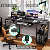 HYPIGO Workstation Desk with Keyboard Tray, 55 Inch Computer Desk with Storage Shelves Monitor Stands and 4 Iron Hooks, Industrial Desk for Home Office HYPIGO