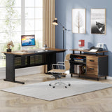 LITTLE TREE Large Computer Desk with File Cabinet, 63 Inch L Shaped Executive Office Desk with Drawers and Storage Shelves, Business Furniture Workstation for Home Office LITTLE TREE