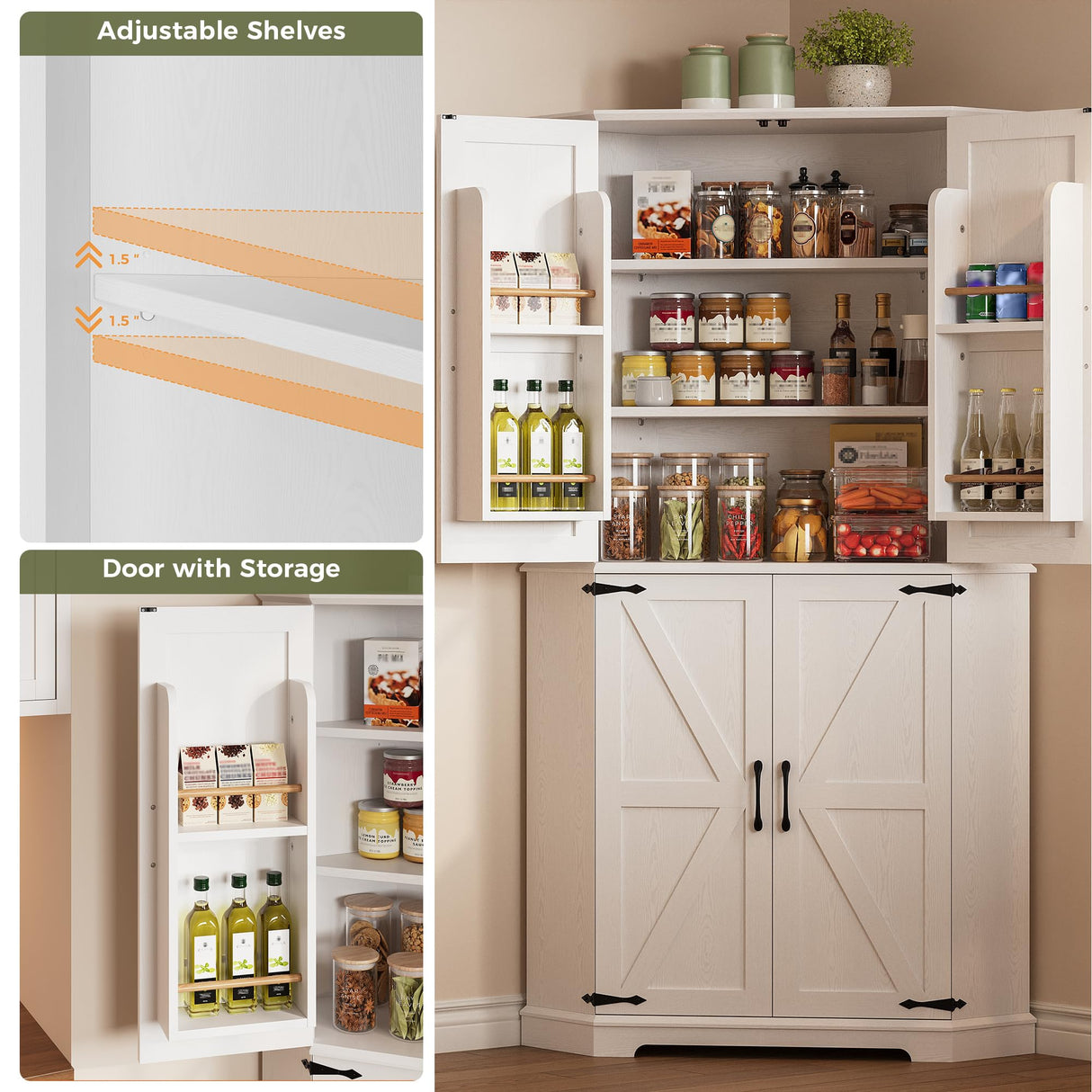 IRONCK Corner Cabinet, 72" Kitchen Pantry Cabinet, 6-Tier Freestanding Farmhouse Pantry with 4 Adjustable Shelves, 240°Swivel Doors, 2 Doors Storage, Spacious Hutch for Kitchen, Living Room, White IRONCK